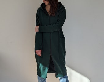 Extra long green women hooded coat with zipper, Stylish extraordinary women slow fashion outwear, Big hood hoodie for women, plus size