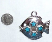 Vintage Trifari Large Silver Genuine Turquoise Southwest Fish Pendant for Necklace Inlaid Mosaic Flowers Estate New Old Stock NOS Marked