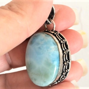 LARGE Big Genuine Larimar 1.75&quot; Long Sterling Silver Pendant 30mm by 20mm Larimar gemstone for Necklace Blue Domincan Republic Statement
