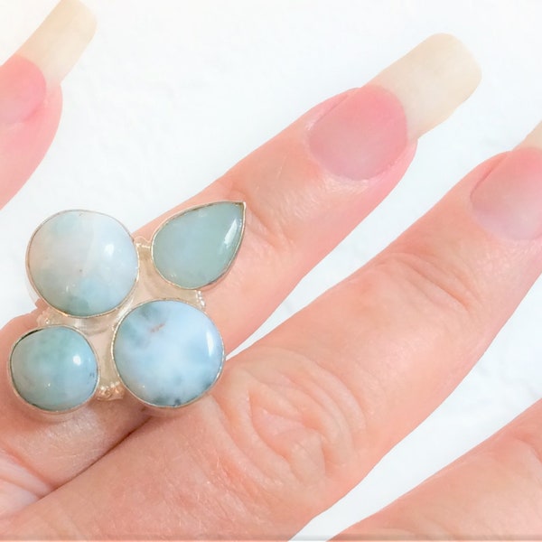 Genuine Larimar Silver Ring sz 8.25 4 Gemstone Sterling Silver Plated Quad Quadruple Stone Ring Round Teardrop Gemstones marked 925 Huge Big