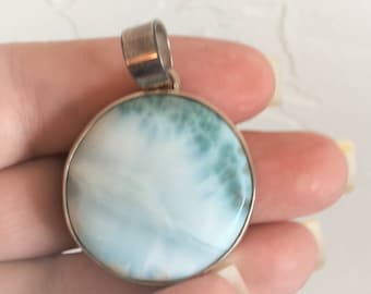 Genuine Larimar Pendant Blue Solid Sterling Silver Swinging Bail 1-7/8" Long Round Big Large Bale NOS Never Worn 31mm dia Gem for Necklace