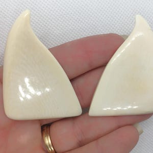 May include: A pair of white, triangular shaped earrings made of polished bone.