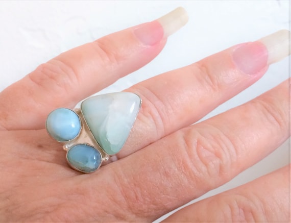 Genuine Larimar Silver Ring sz 8.25 3 Gemstones St