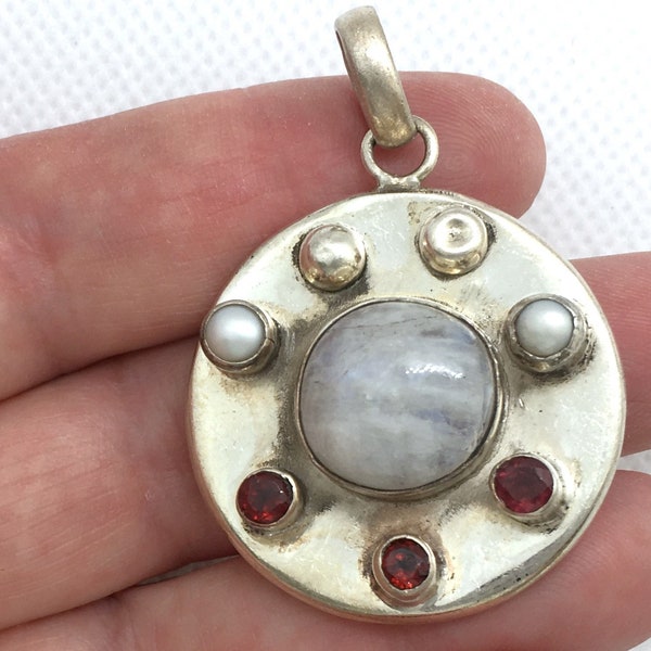 Vintage Old Pawn Southwest Sterling Silver Pearl Garnet Moonstone Pendant Marked 925 Big Round Sputnik 1.75" long for Necklace Estate MCM