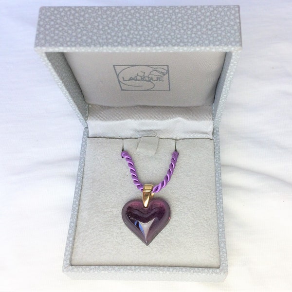 Genuine Lalique Crystal Heart Necklace in BOX Purple Glass Pendant Silk Cord Adjustable 15 - 30" long Marked Lalique Looks Great for Gift