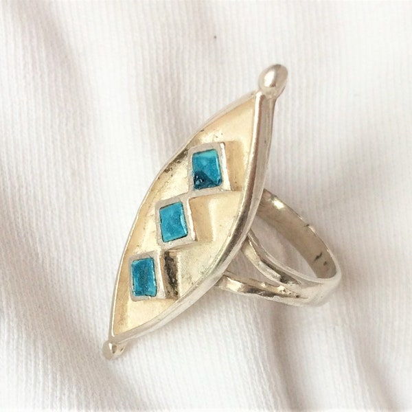 Vintage Inlaid Sterling Silver Turquoise Shadow Box Ring Mosaic sz 8 Old Pawn Southwest Big Mid Century Native American Statement Handmade