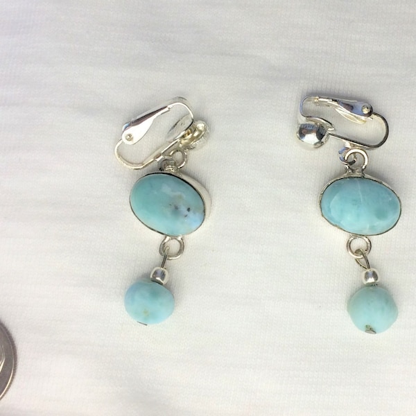 NEU Echte Larimar Sterling Silber Clip On Clipon Ohrringe Hängeohrringe oval & rund Kugel 1" lang Blau Dominikanische Republik Künstler Handarbeit