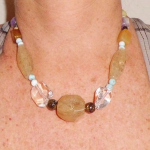 NEW Artists Genuine Gemstone Statement Necklace Giant Gem Faceted Gemstone Citrine Larimar Amethyst Clear Quartz Jasper Beads Pendant 17&quot;