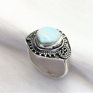 Genuine Larimar Sterling Silver Ring Oval Solitaire sz 8 Curved Filigree New Old Stock NOS Artistic Gem marked 925 Statement Great for Gift