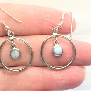 NEW Artists Genuine Larimar Sterling Silver Pierced Earrings Round Circle Blue Dangle 1.5&quot; Long marked 925 Dominican Republic for Gift