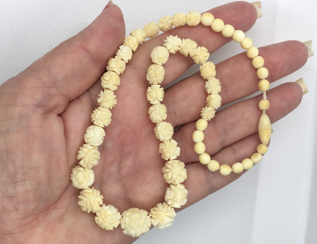 Genuine Carved Bone Bead Necklace Rose Flower Carvings 16 Long genuine-carved-bone-bead-necklace-rose-flower-carvings-16-long