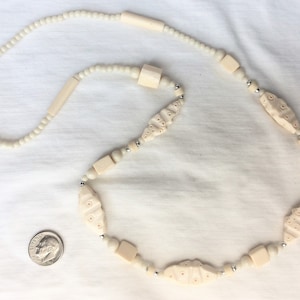 24&quot; Genuine Carved Bone Bead Necklace Asian Chinese Carvings Beads LONGER - can put on Over Head Multiple Shapes Round, Tube, Square Silver
