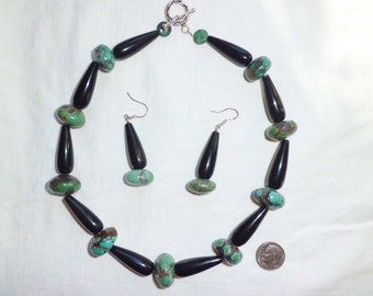NEW Artists Genuine Turquoise/Onyx Sterling Silver Necklace and Earrings Set Pair Pierced Blue Black Green 16" Matching Dangle Lot Big