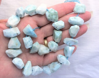 16" Genuine Larimar Freeform Beads Full Strand Faceted Hexigonal HEAVY 128g 12mm - 22mm Long Bracelet Necklace Irregular Shapes Accents Bead
