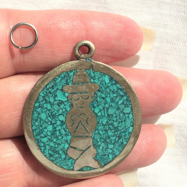 Vintage Old Pawn Southwest Sterling Silver Genuine Turquoise Inlaid BIG Pendant Siesta Man Marked Mexico Estate Dead Pawn for Necklace Chain