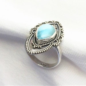 Genuine Larimar Sterling Silver Ring Oval Solitaire sz 6-1/4 Filigree New Old Stock NOS Artistic Gem marked 925 Statement Great for Gift