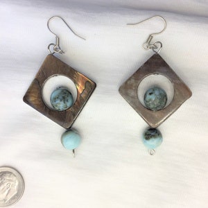 NEW Genuine Larimar & Mother of Pearl Pierced Earrings Long Dangle 2-1/2” long Handmade Earring Pair Set Dominican Republic Silver Ear Hook