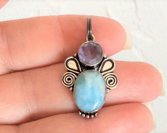 NEW Genuine Larimar and Purple Amethyst Necklace Pendant 1-3/8” Long Dangle Silver Statement Blue Dominican Republic Big Large