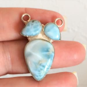 LARGE Big Genuine Larimar 1.5&quot; Silver Pendant 3 Teardrops Statement for DIY Necklace Finding Sterling Marked 925 Blue Dominican Republic