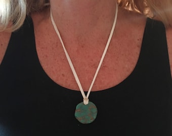 NEW Artists Genuine Turquoise Necklace Large Donut Natural Nugget with White Leather Cord up to 24" Adjustable Large Big Southwest Gift