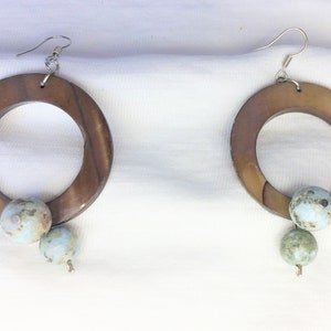 NEW Genuine Larimar & Mother of Pearl Pierced Earrings Long Dangle 2-3/4” long Handmade Earring Pair Set Dominican Republic Silver Ear Hook