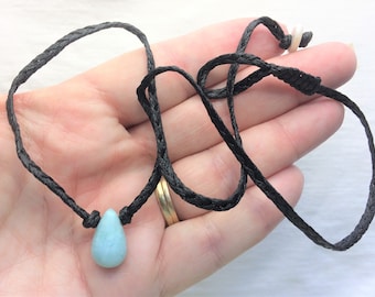 Genuine Larimar Pendant Necklace 20" long Teardrop Black Braided Cord Blue Dominican Republic Boho Chic Mother of Pearl Clasp Longer