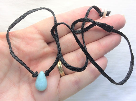 Genuine Larimar Pendant Necklace 20" long Teardrop Black Braided Cord Blue Dominican Republic Boho Chic Mother of Pearl Clasp Longer