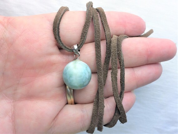 Genuine Larimar Pendant Necklace Brown Leather Cord Adjustable to 30" long 16mm dia. Round Ball Top Drill Removable Blue Dominican Republic