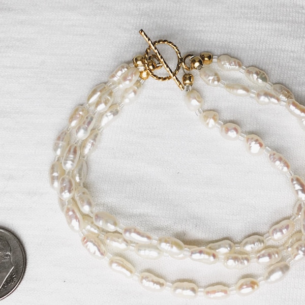 Estate Genuine Pearl 3-Strand Bracelet 14K Gold Filled Toggle Clasp 6-1/2" long White Fresh Water Pearls Bead Beaded Looks Great for Gift