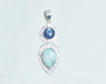Genuine Larimar Sterling Silver Dark Blue Mother of Pearl Pendant Swinging Bail 1-3/4” long for Necklace Large Blue Dominican Republic Big