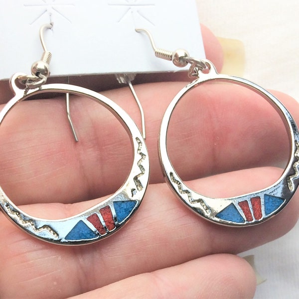 Vintage New Southwest Silver Inlaid Turquoise Coral Pierced Earrings on Card New Old Stock NOS Round Mosaic Dangle Hanging Statement Gift