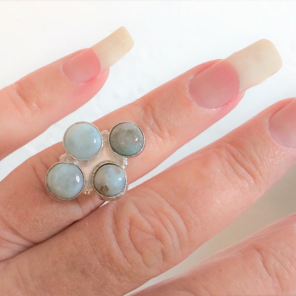 Genuine Larimar Silver Ring sz 7.75  Four 4 Gemstones Sterling Silver Plated Quad Quadruple Stone Ring Round Gemstones marked 925 sz 7-3/4