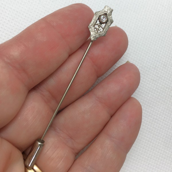 Vintage Silver and Glass Diamond Gemstone Brooch Stick Pin Stickpin for Jacket Lapel 2-3/4" Victorian Antique Estate Gift for Woman or Man