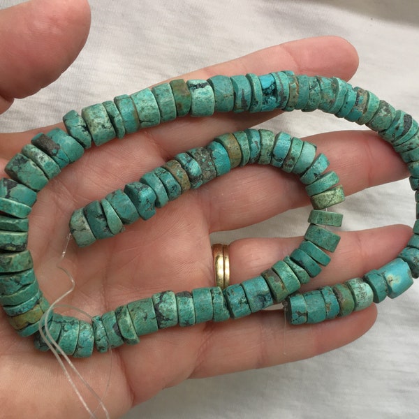 Natural Turquoise Beads Strands, Heishi Beads, Dyed, Flat Round/Disc, Turquoise