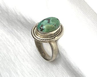 Vintage Old Pawn Southwest Sterling Silver Turquoise Oval Ring sz 5-1/4 for Small or Pinky Finger Dead Pawn Handmade Mid Century MCM Gift