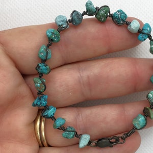 Vintage Sterling Silver Genuine Turquoise Wire Wrap Bead Handmade Bracelet Southwest 7&quot; Lobster Clasp Estate Southwest Native One-of-a-Kind