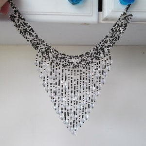 statement elegant black silver necklace tiered bib design hand beaded fair trade seed beads central american Guatemala glass crystal accents