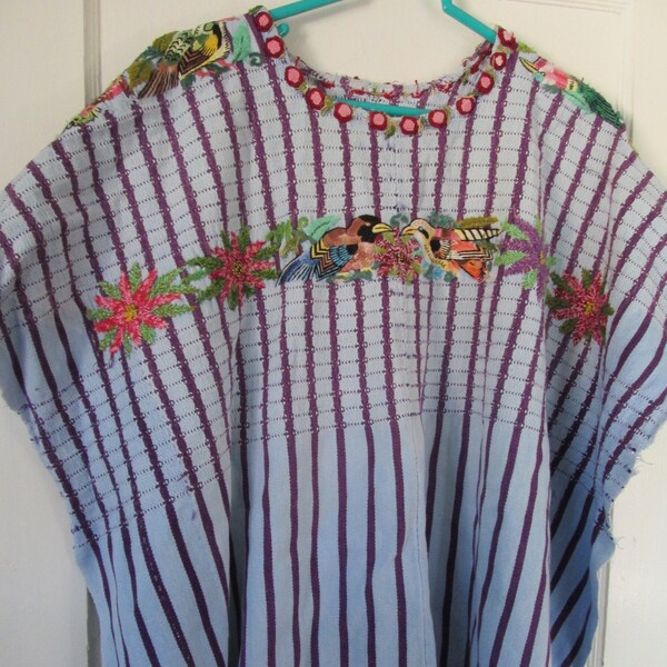 purple stripe vintage hand woven handmade loomed Guatemalan huipil Santiago striped textile Birds flowers embroidered top shirt tunic wall