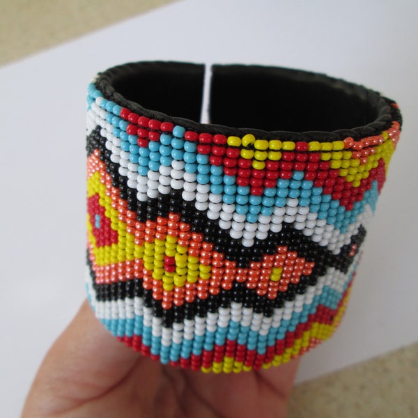 Cuff turquoise red yellow black zig zag hand beaded Aztec geometric native american design glass seed beads southwest  indian bracelet