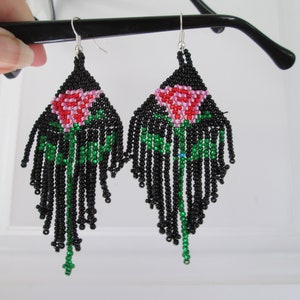 black pink rose flower GUATEMALAN beaded dangle drop EARRINGS fair trade handmade Czech glass seed beads beaded  ethnic boho