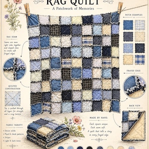 May include: A rag quilt featuring a patchwork of blue, navy, and cream fabric squares with frayed seams. The display includes text labels explaining the construction, fabric variety, and patch examples, alongside a folded stack of the quilt.
