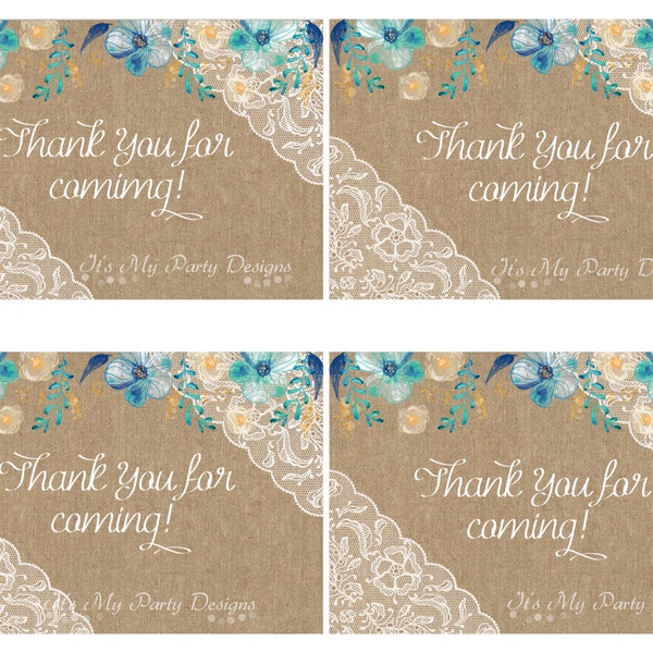 Digital Download - Customizable 3.5" x 5" Thank You Card:  Lovely Burlap and Lace Cards.  Perfect for Bridal Showers, Birthdays, Tea Parties