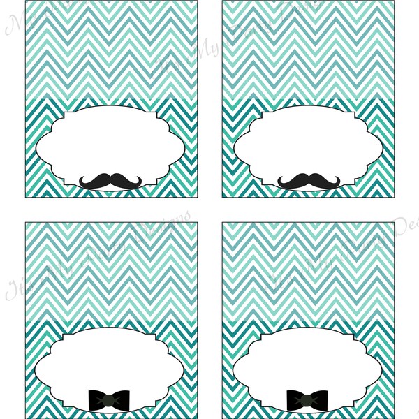 Digital Download: Mustache and Bow Tie Tent/Buffet Cards - Lovely Shades of Teal Chevron - set of 4 Great for Birthdays, Baby Showers