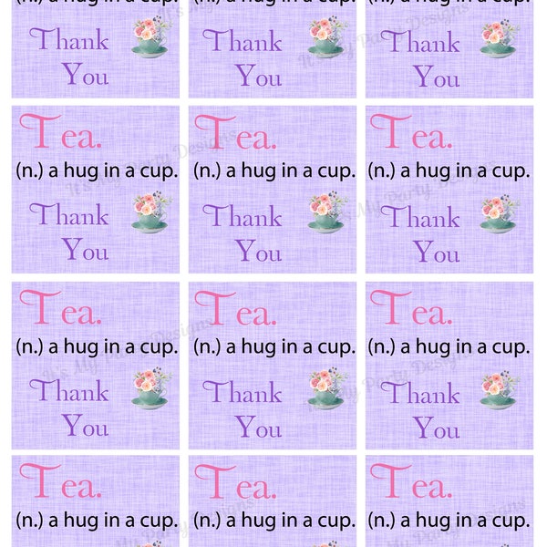 Tea:  A Hug in a Cup - Lovely Tea Party Thank You Tag - Set of 12 - Beautiful lilac background - 2.5" squares