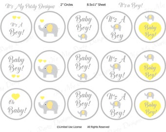 Yellow and Gray Elephant Cupcake Toppers - Digital Download - 2" toppers - It's A Boy!  Also great for favor tags