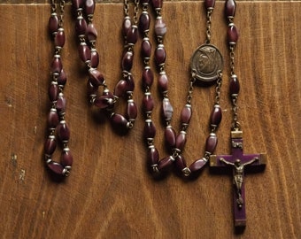 Antique purple capseled cut glass rosary necklace pendant silvered center medal and cross crucifix