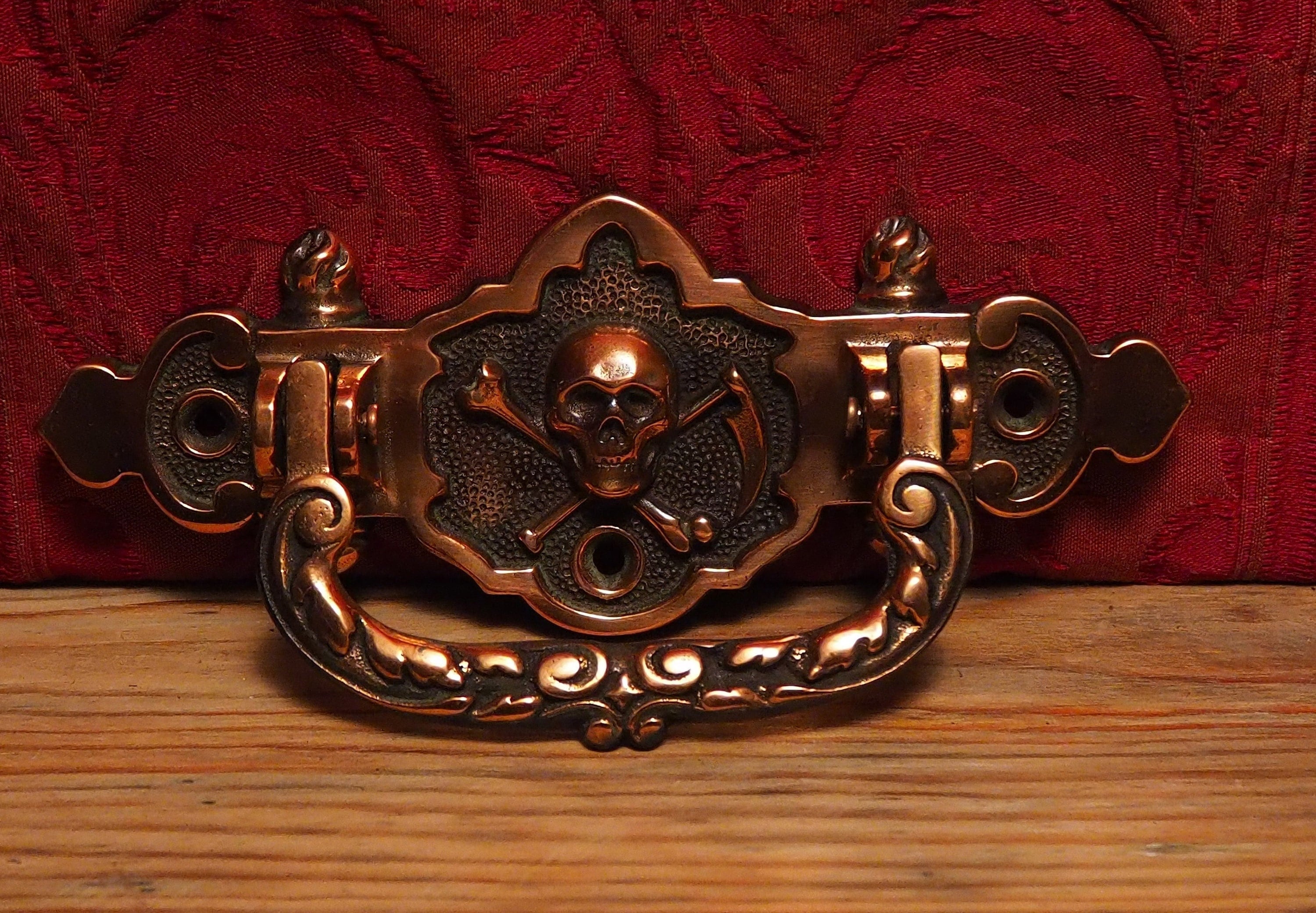 Antique French Gothic Red Copper Look Coffin Handles Skull and