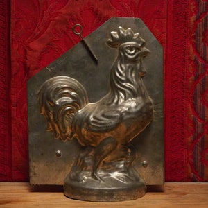 Antique chocolate three part mold of large pride Easter Rooster