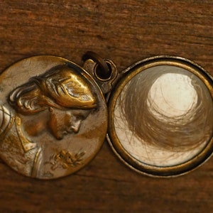Antique religious french silvered bronze medal locket hair pendant Saint Joan of Arc decor