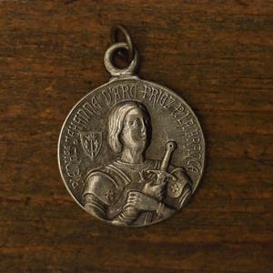Antique religious French silvered medal pendant Blessed Saint Joan of Arc in Armor with sword